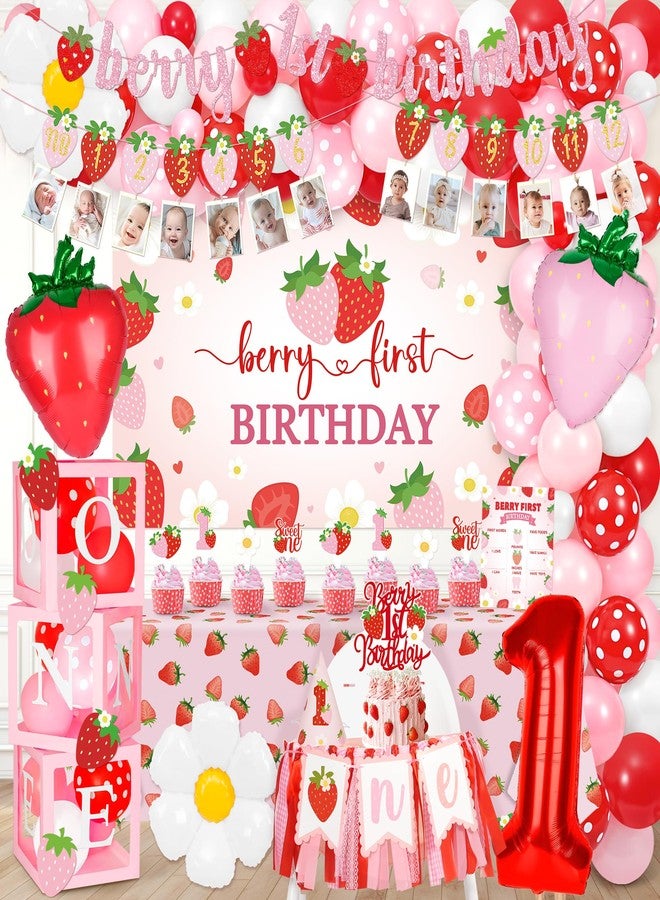 Kriyokiaa Berry First Birthday Decor Strawberry 1st Birthday Decorations for Girls with Pink Red Balloon Arch, Highchair Banner Strawberry Theme Backdrop, Photo Banner, Cake Topper - Image 1